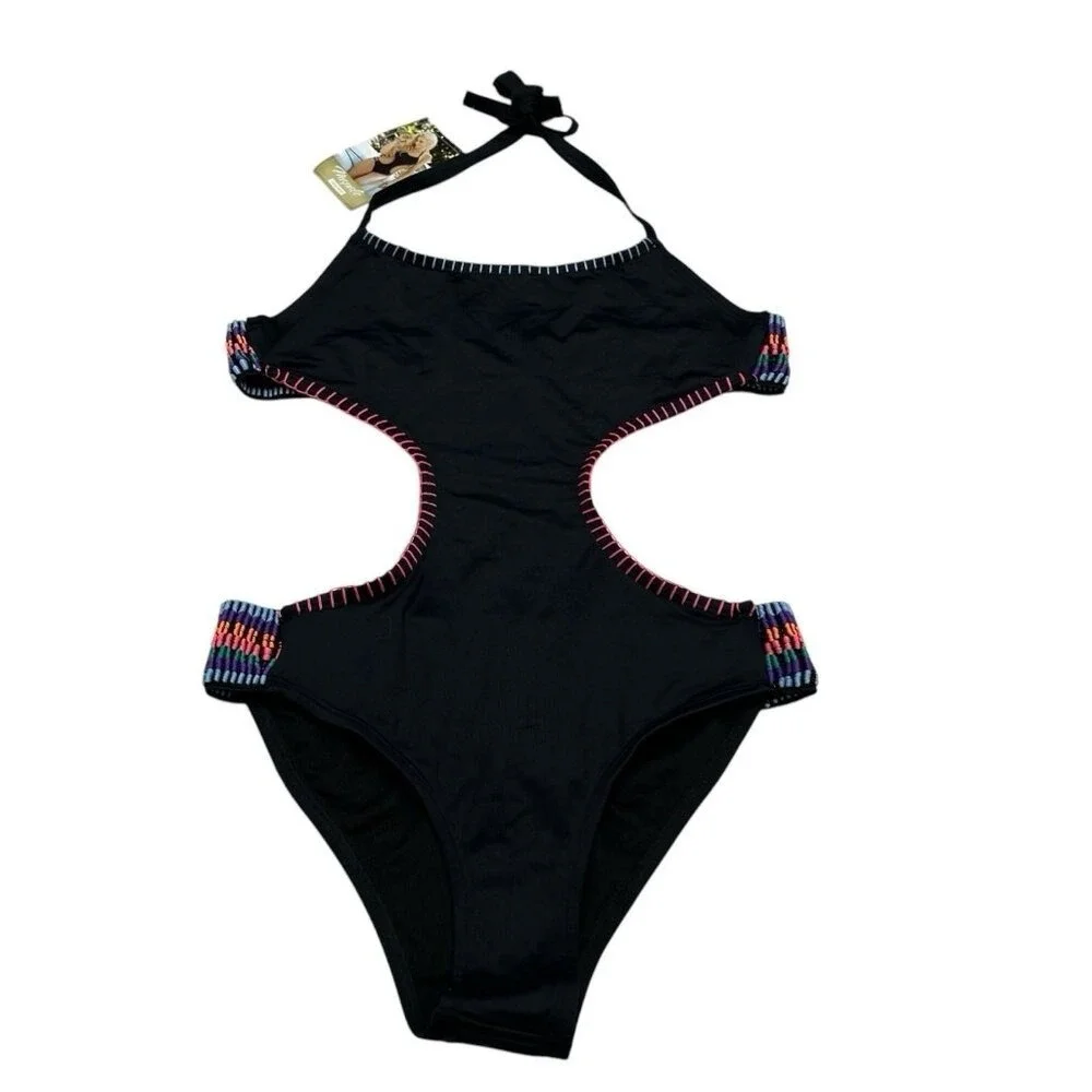 Mapale Swimsuit Monokini‎ Black Rainbow Striped Bands Cutout Size L Resort Beach
